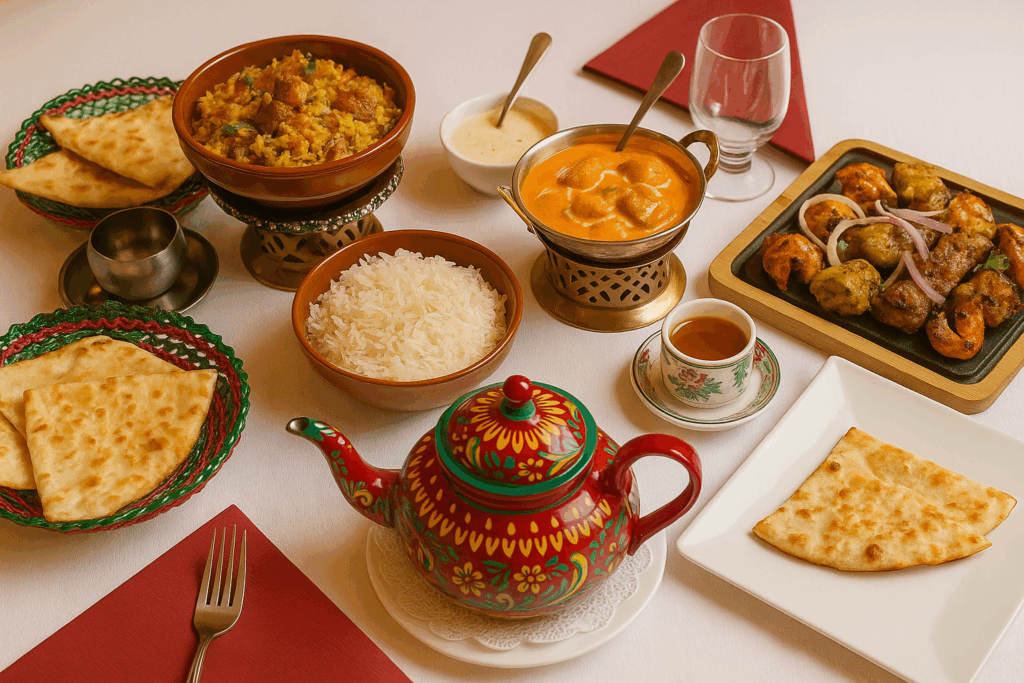 Plats traditionnels indiens servis au restaurant indien à Martigny, incluant curry, naan, riz basmati et thé masala